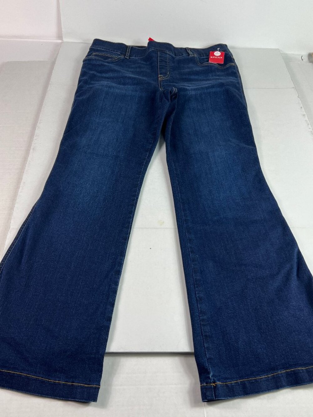 Spanx Jeans Women Petite 35x31* Pull On Flare High Rise Dark Blue Denim Tag 1X P